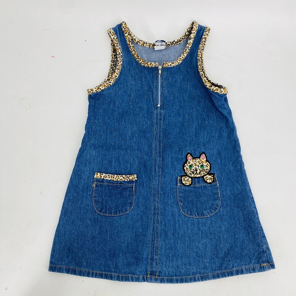 Vintage 1990’s Y2K Girl’s Denim Dress Leopard Print Side x Side Size 5 Made USA